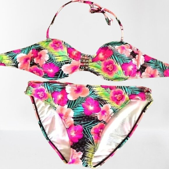 OP Ocean Pacific Beach Vacay new bright floral bikini Y2k Sz L - Picture 2 of 6